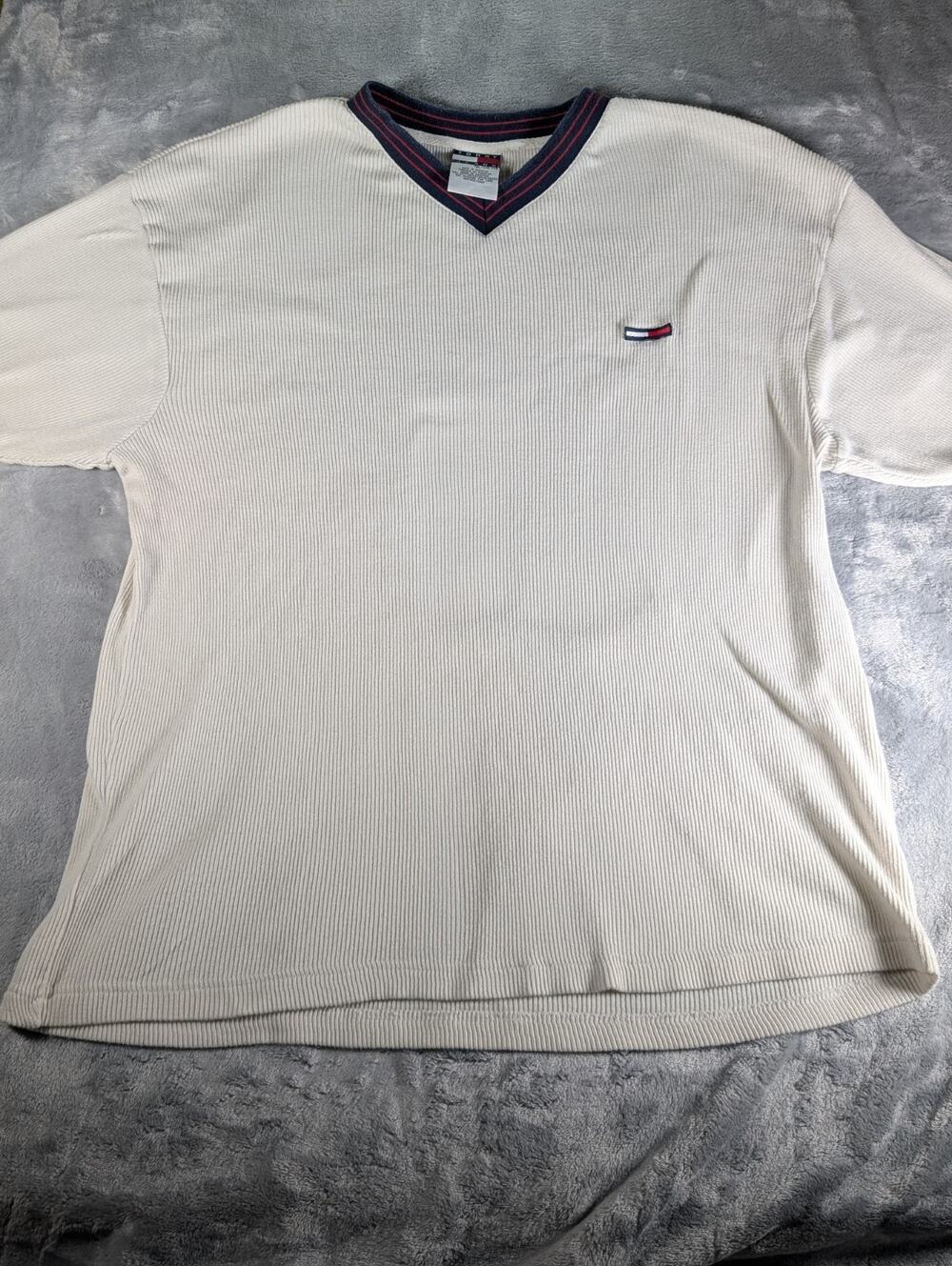 Tommy Hilfiger Ribbed Cream Vintage Y2K Short Sleeve Shirt XXL Mens